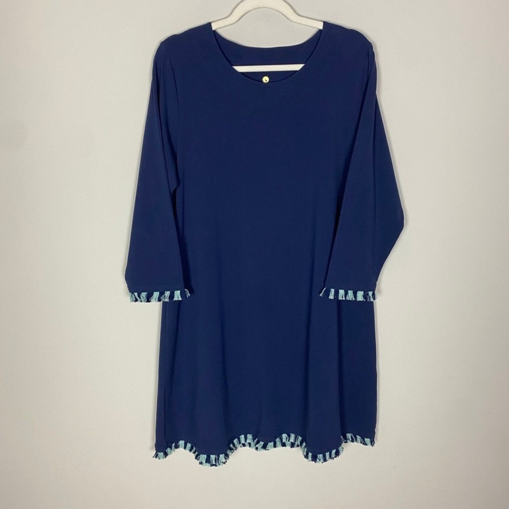 Spartina 449 Island Fringe Shift Dress Womens XL Slate Blue Cotton Nautical